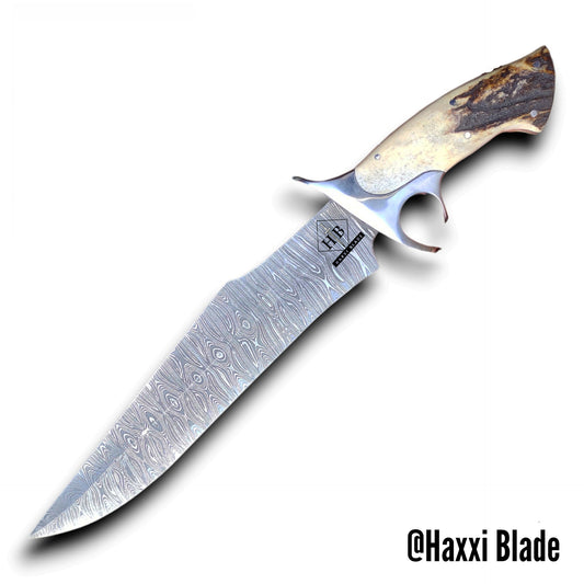 Haxxi Blade 14in Damascus Steel Hunting Knife with Stag Antler Handle