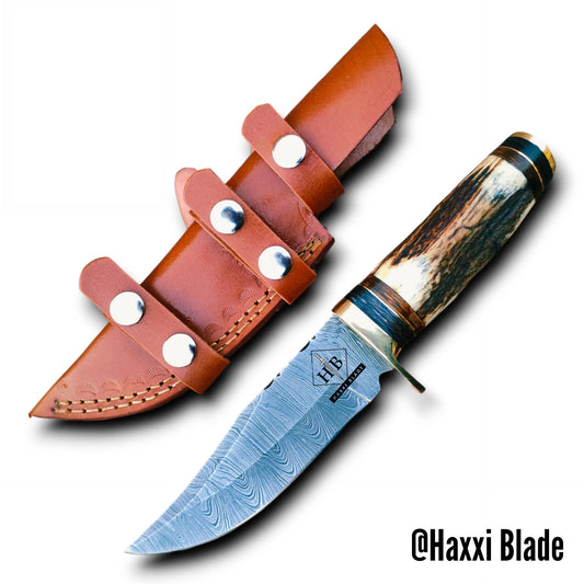 Haxxi Blade 9in Damascus Steel Skinner Hunting Knife with Leather Sheath