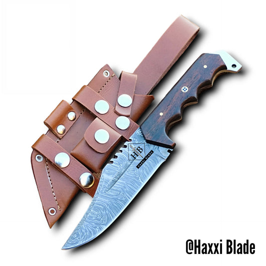 Haxxi Blade 9in Damascus Steel Tracker Knife with Horizontal Sheath