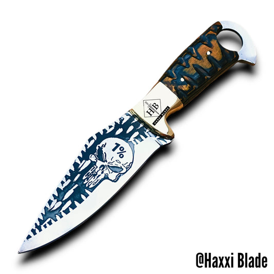 Haxxi Blade Skull Engraved Hunting Knife with Sheath - Harley Davidson Style
