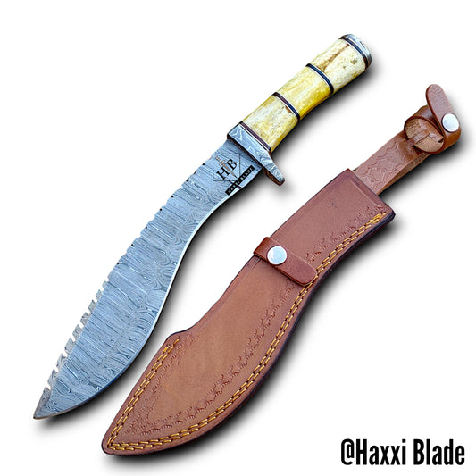 Haxxi Blade Damascus Steel Bowie Knife with Dye Bone Yellow Color - Camping Hunting Knives