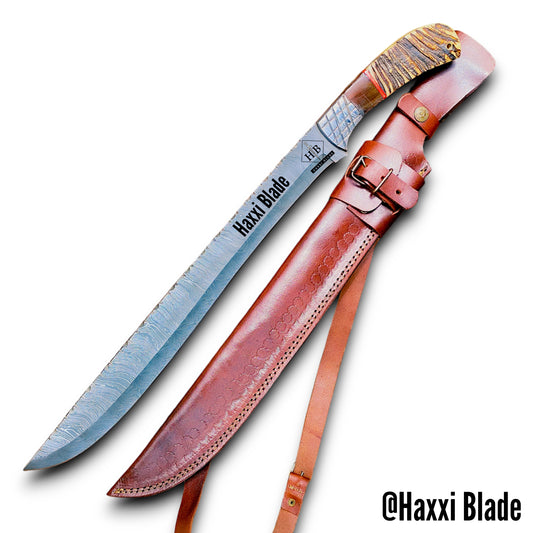 Haxxi Blade 21in Long Damascus Steel Machete Knife for Gardening with Leather Sheath
