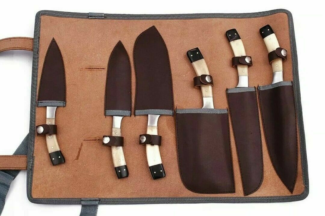 CUSTOM HANDMADE HAND FORGED DAMASCUS STEEL KITCHEN KNIVES SET BBQ KNIVES SET