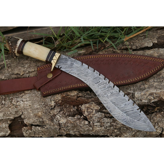 Custom Handmade Damascus Steel Blade Stag Antler Kukri Knife | Hunting Knife