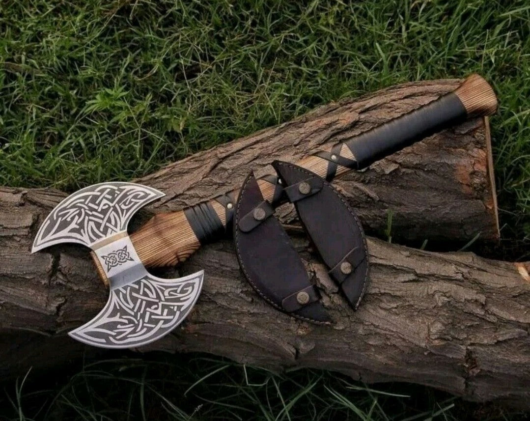 Handmade Carbon Steel Double Headed Viking Axe Battle Axe With Leather Sheath