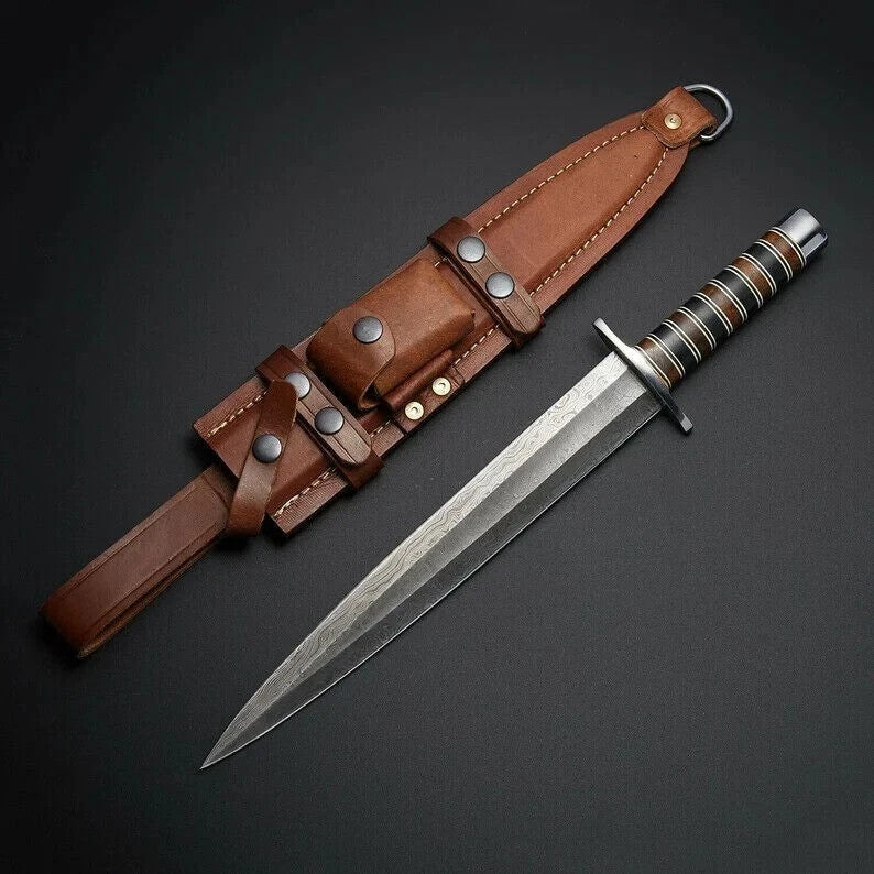 ARKANSAS TOOTHPICK HANDMADE HUNTING DAMASCUS STEEL DAGGER KNIFE & LEATHER SHEATH