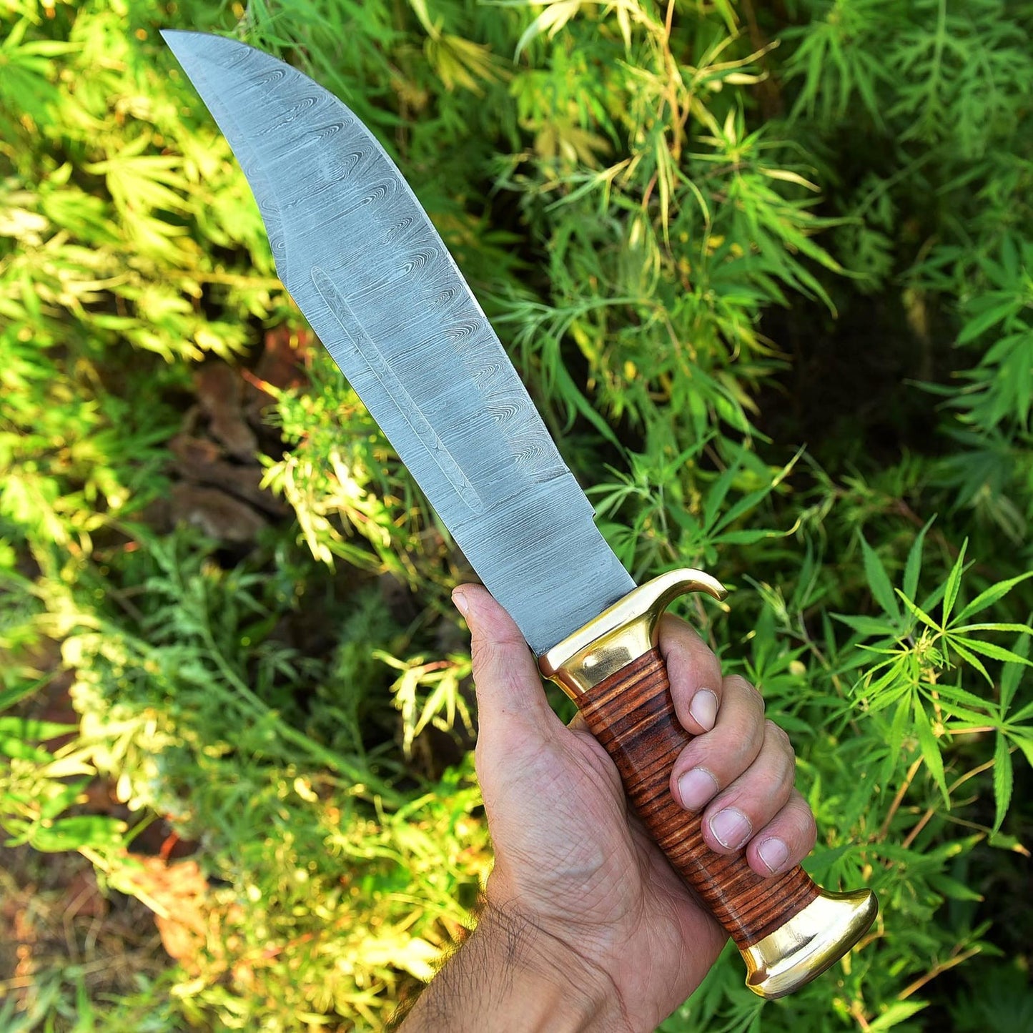 Handmade Damascus Bowie Knife Hunting Fixed Blade with Leather Sheath