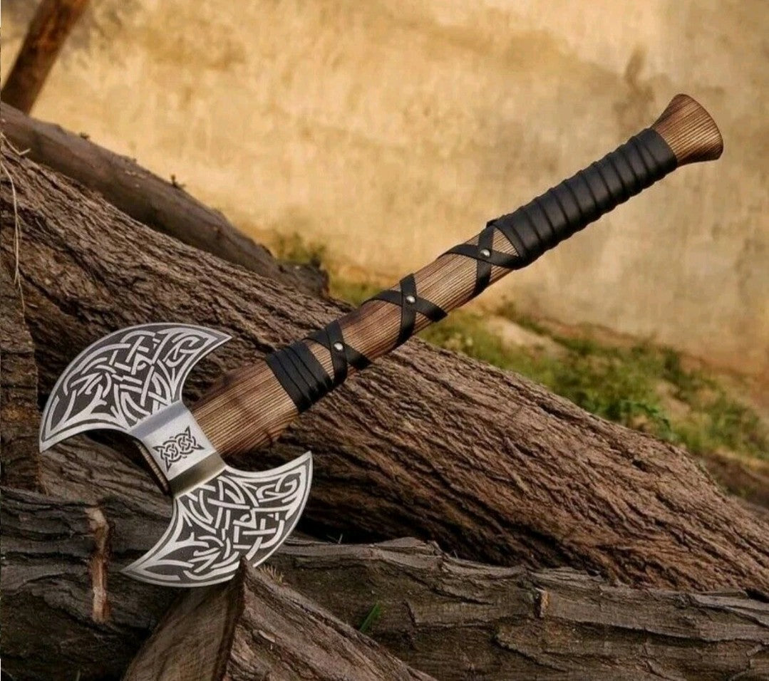 Handmade Carbon Steel Double Headed Viking Axe Battle Axe With Leather Sheath