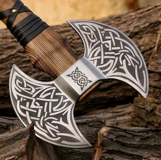 Handmade Carbon Steel Double Headed Viking Axe Battle Axe With Leather Sheath