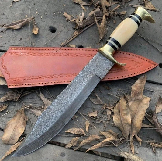 Custom Handmade Damascus Steel Bowie Knife Camping Hunting Knife Fixed Blade EDC