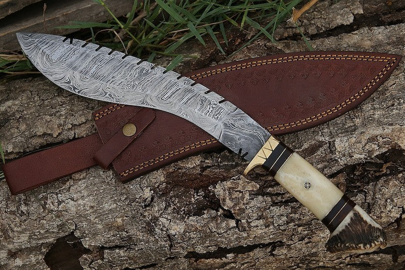 Custom Handmade Damascus Steel Blade Stag Antler Kukri Knife | Hunting Knife
