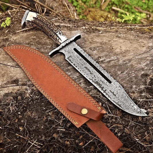 Hand Forged Damascus Hunting Bowie Knife Stag Antler Handle with Leather Sheath