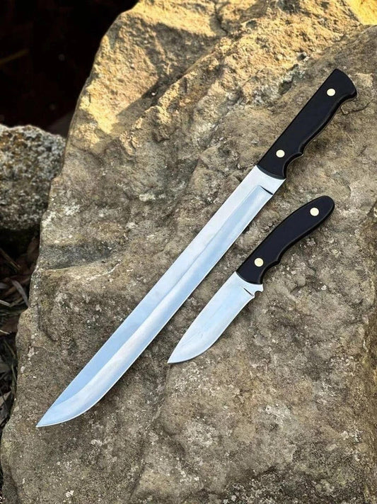 CUSTOM HANDMADE TOOL STEEL CAMPING MACHETE SWORD & SKINNER WITH LEATHER SHEATH