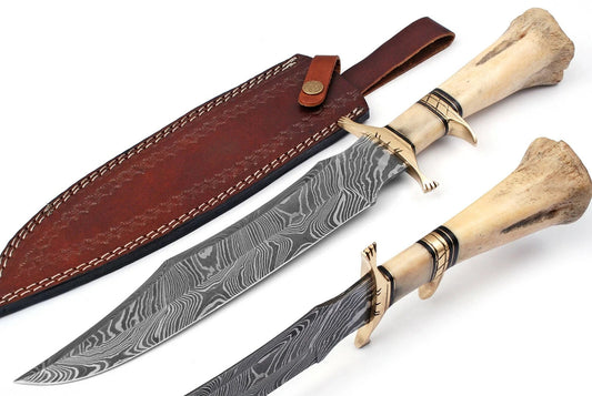 Custom Handmade Damascus Steel Bowie Hunting Knife Camel Bone Handle & Sheath