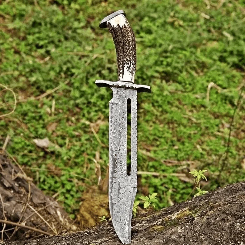 Hand Forged Damascus Hunting Bowie Knife Stag Antler Handle with Leather Sheath