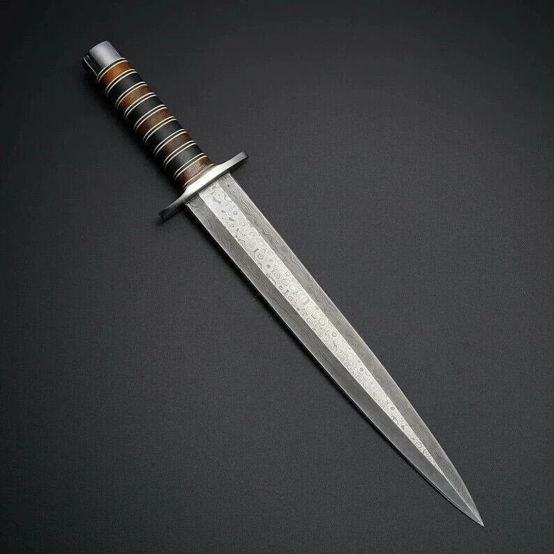 ARKANSAS TOOTHPICK HANDMADE HUNTING DAMASCUS STEEL DAGGER KNIFE & LEATHER SHEATH