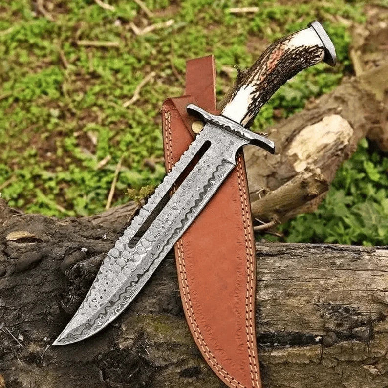 Hand Forged Damascus Hunting Bowie Knife Stag Antler Handle with Leather Sheath