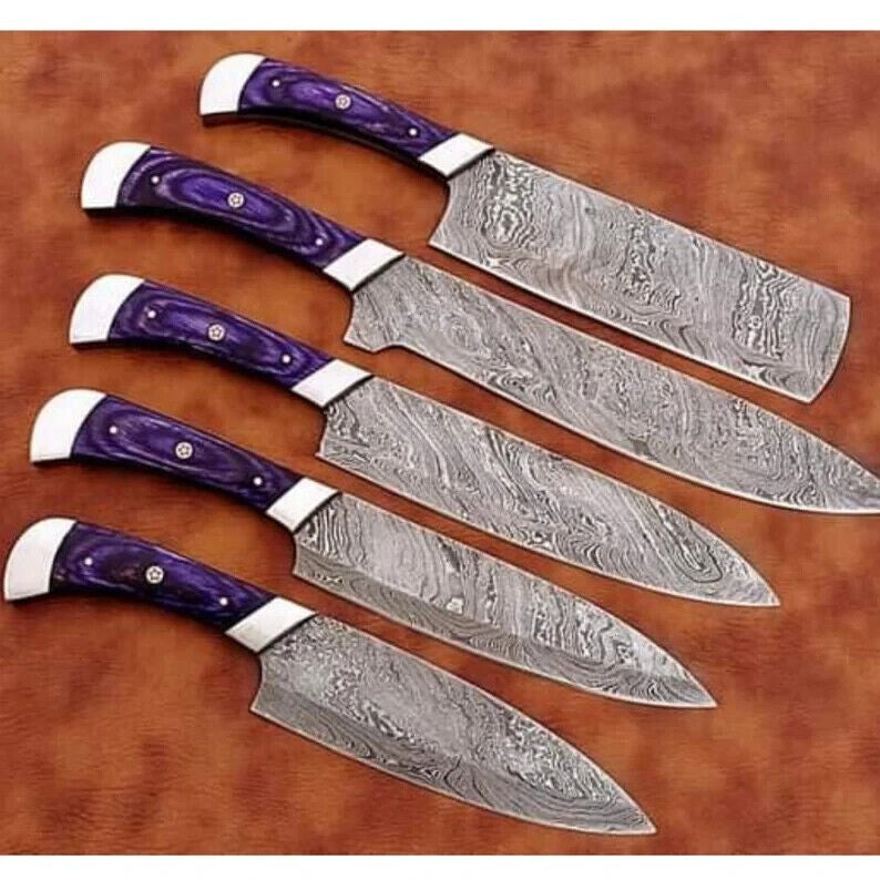 5 pc Damascus Custom Handmade BBQ/Kitchen/Chef knives block Set with PakaWood