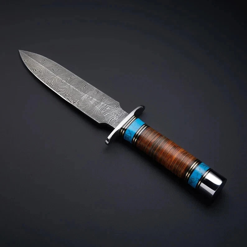Hand Forged Damascus Steel Hunting Medieval Camping Dagger Knife Stacked Leather