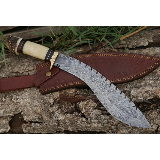 Custom Handmade Damascus Steel Blade Stag Antler Kukri Knife | Hunting Knife EDC