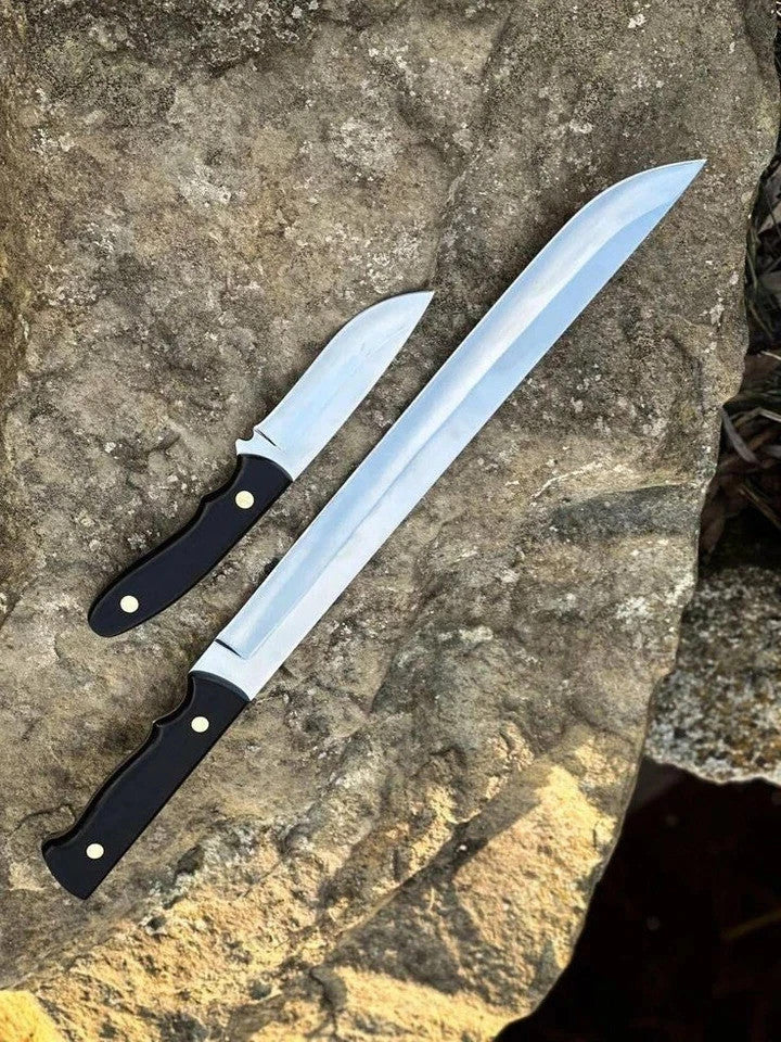 CUSTOM HANDMADE TOOL STEEL CAMPING MACHETE SWORD & SKINNER WITH LEATHER SHEATH