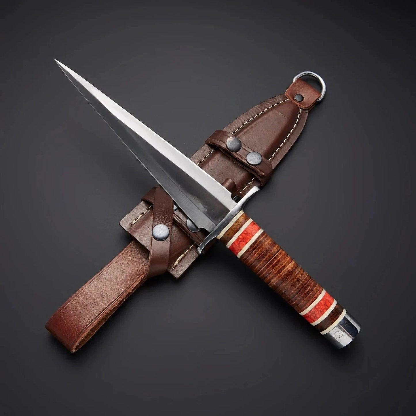 Hand Forged Carbon Steel Hunting Medieval Camping Dagger Knife Stacked Leather