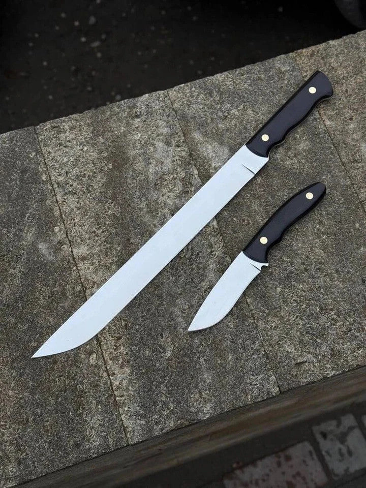 CUSTOM HANDMADE TOOL STEEL CAMPING MACHETE SWORD & SKINNER WITH LEATHER SHEATH