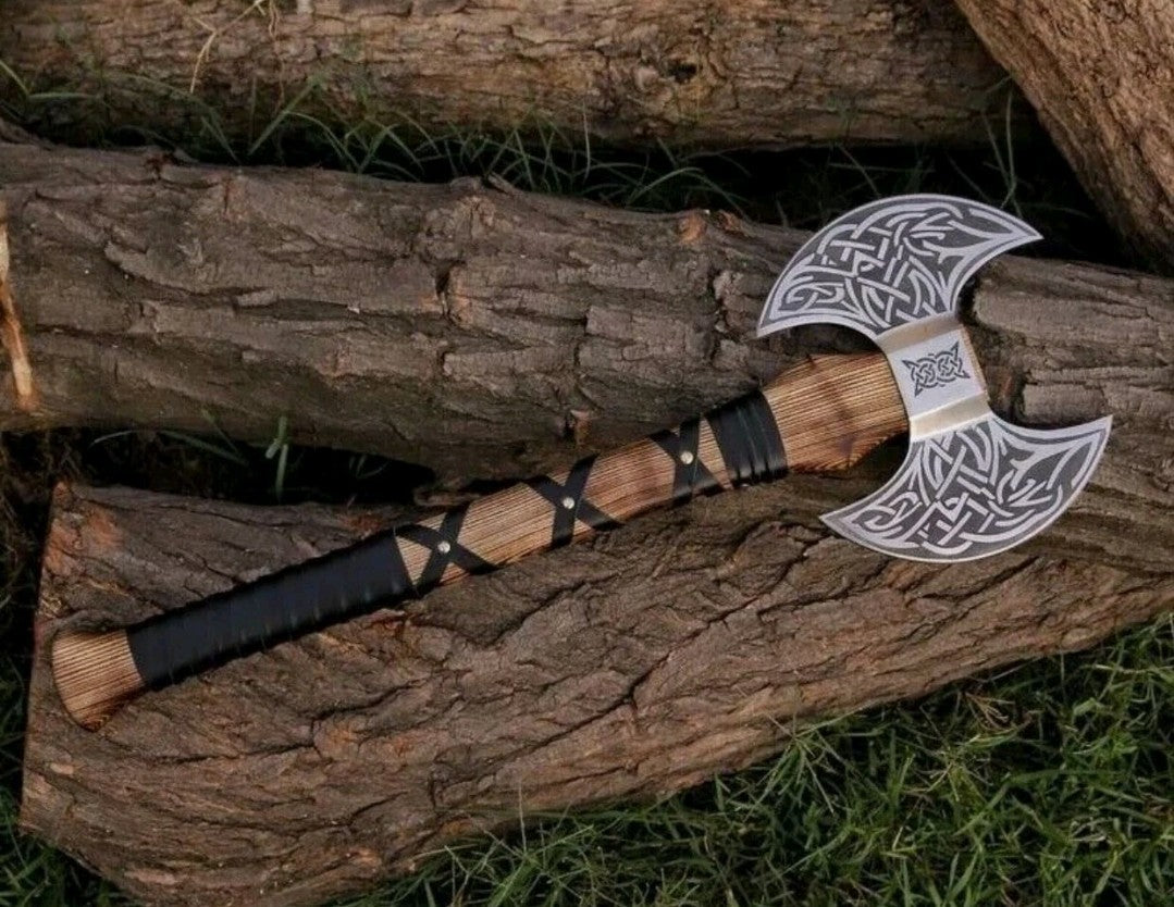 Handmade Carbon Steel Double Headed Viking Axe Battle Axe With Leather Sheath