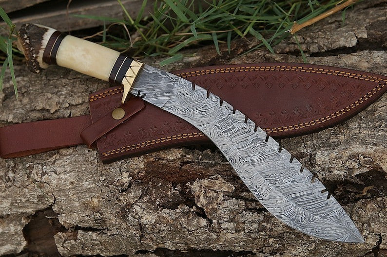 Custom Handmade Damascus Steel Blade Stag Antler Kukri Knife | Hunting Knife