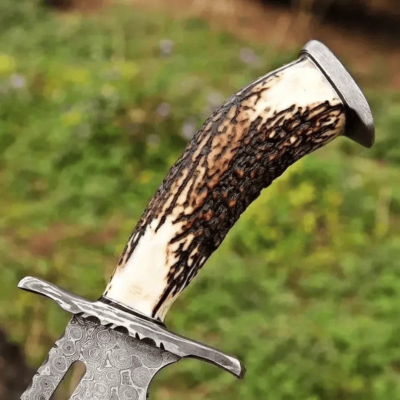 Hand Forged Damascus Hunting Bowie Knife Stag Antler Handle with Leather Sheath