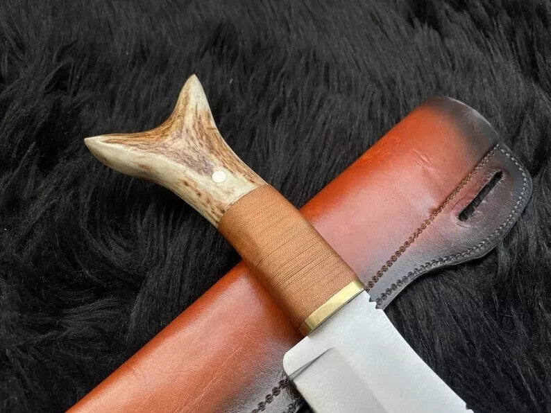 Custom Handmade D2 Steel Bowie knife,Stag Horn Hunting Knife with Leather Sheath