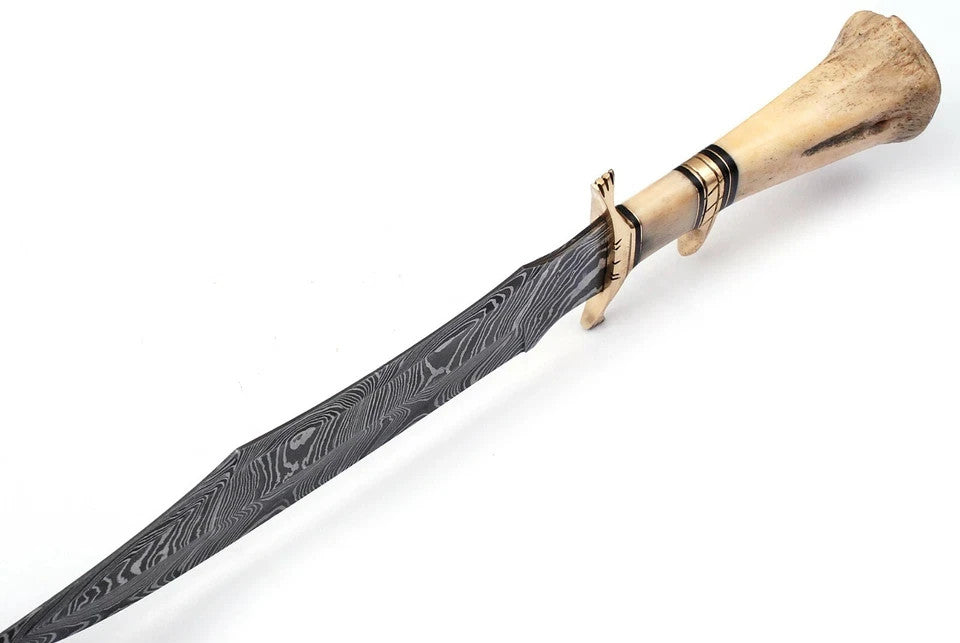Custom Handmade Damascus Steel Bowie Hunting Knife Camel Bone Handle & Sheath