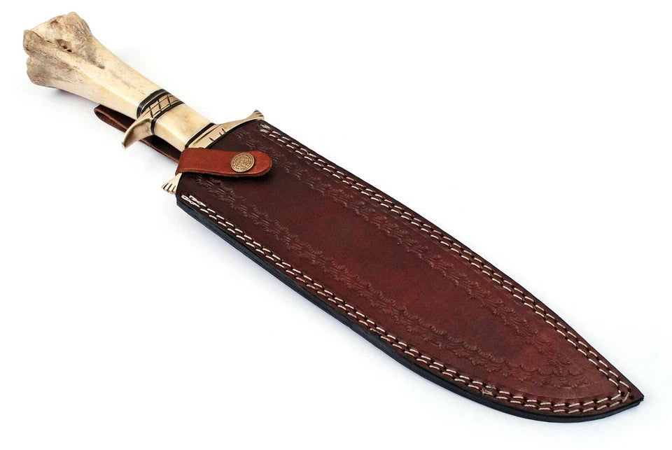Custom Handmade Damascus Steel Bowie Hunting Knife Camel Bone Handle & Sheath