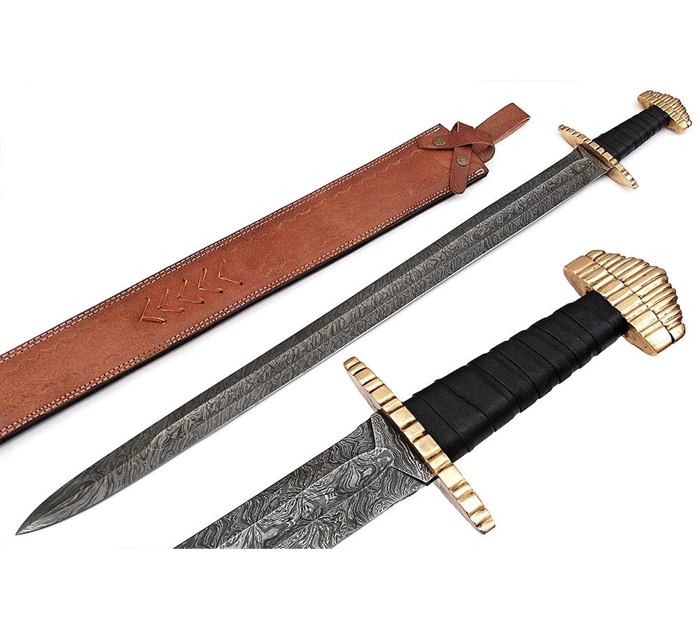 CUSTOM HANDMADE HAND FORGED DAMASCUS STEEL VIKING SWORD CAMPING MEDIEVAL SWORD