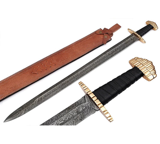CUSTOM HANDMADE HAND FORGED DAMASCUS STEEL VIKING SWORD CAMPING MEDIEVAL SWORD