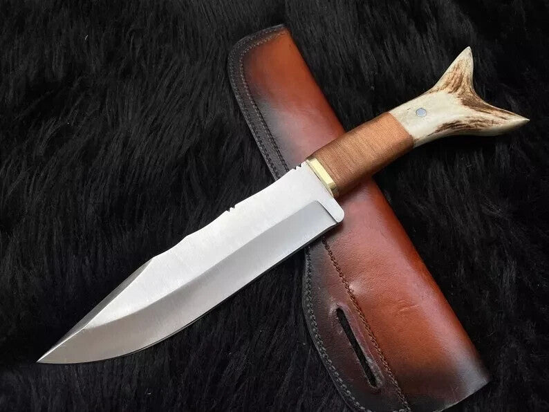 Custom Handmade D2 Steel Bowie knife,Stag Horn Hunting Knife with Leather Sheath