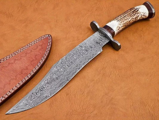 BEAUTIFUL CUSTOM HANDMADE DAMASCUS STEEL HUNTING BOWIE KNIFE HORN HANDLE