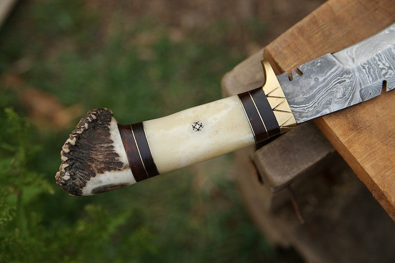 Custom Handmade Damascus Steel Blade Stag Antler Kukri Knife | Hunting Knife