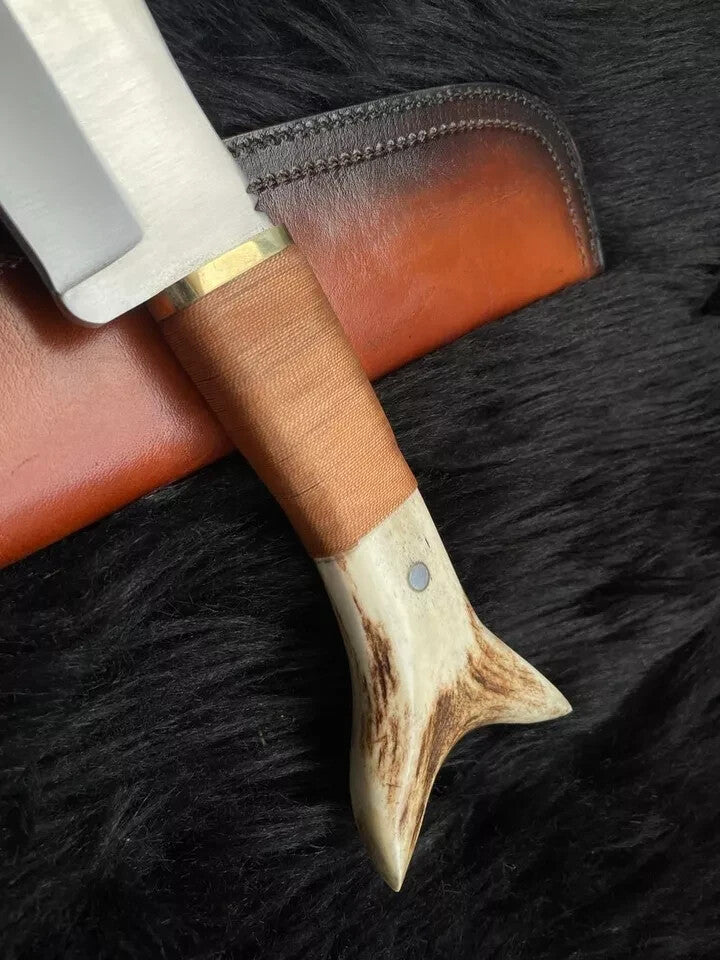 Custom Handmade D2 Steel Bowie knife,Stag Horn Hunting Knife with Leather Sheath