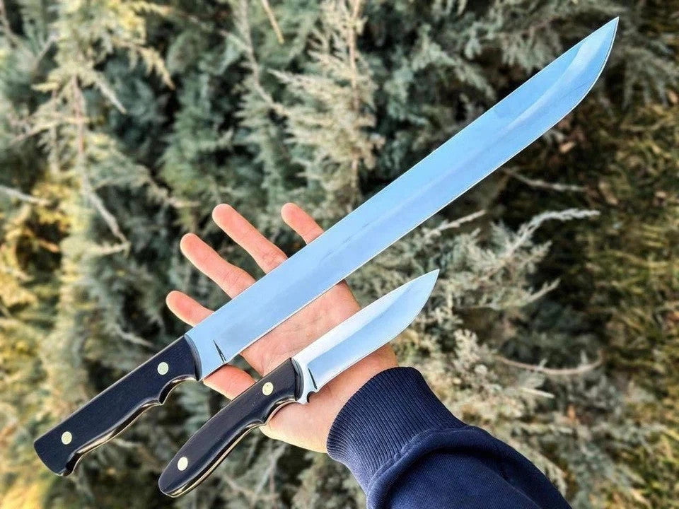 CUSTOM HANDMADE TOOL STEEL CAMPING MACHETE SWORD & SKINNER WITH LEATHER SHEATH
