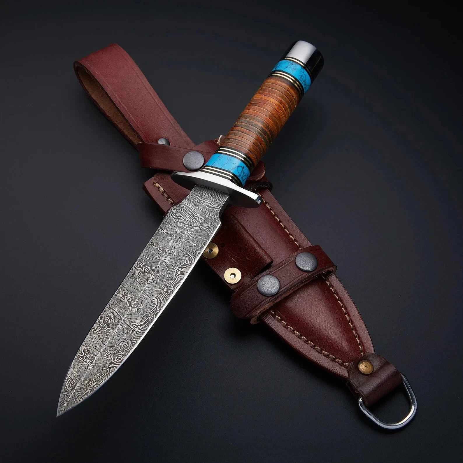 Hand Forged Damascus Steel Hunting Medieval Camping Dagger Knife Stacked Leather