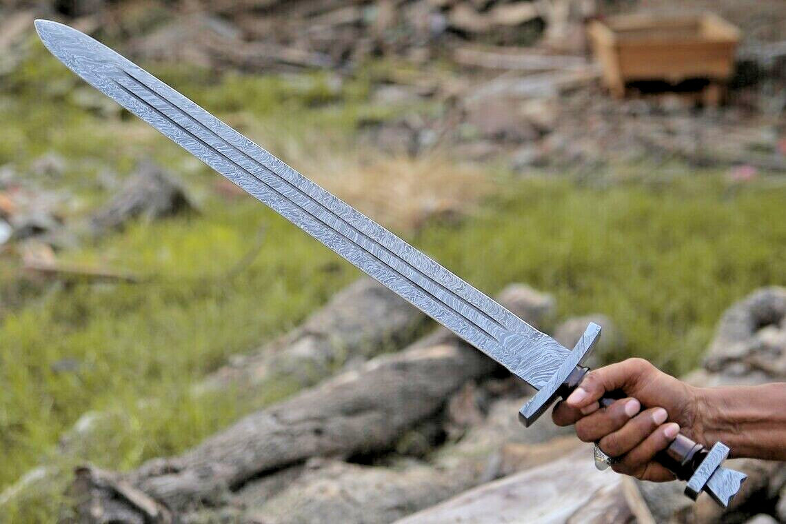 Handmade Custom Hand Forged Damascus Steel Double Edge Viking Sword BATTLEREADY