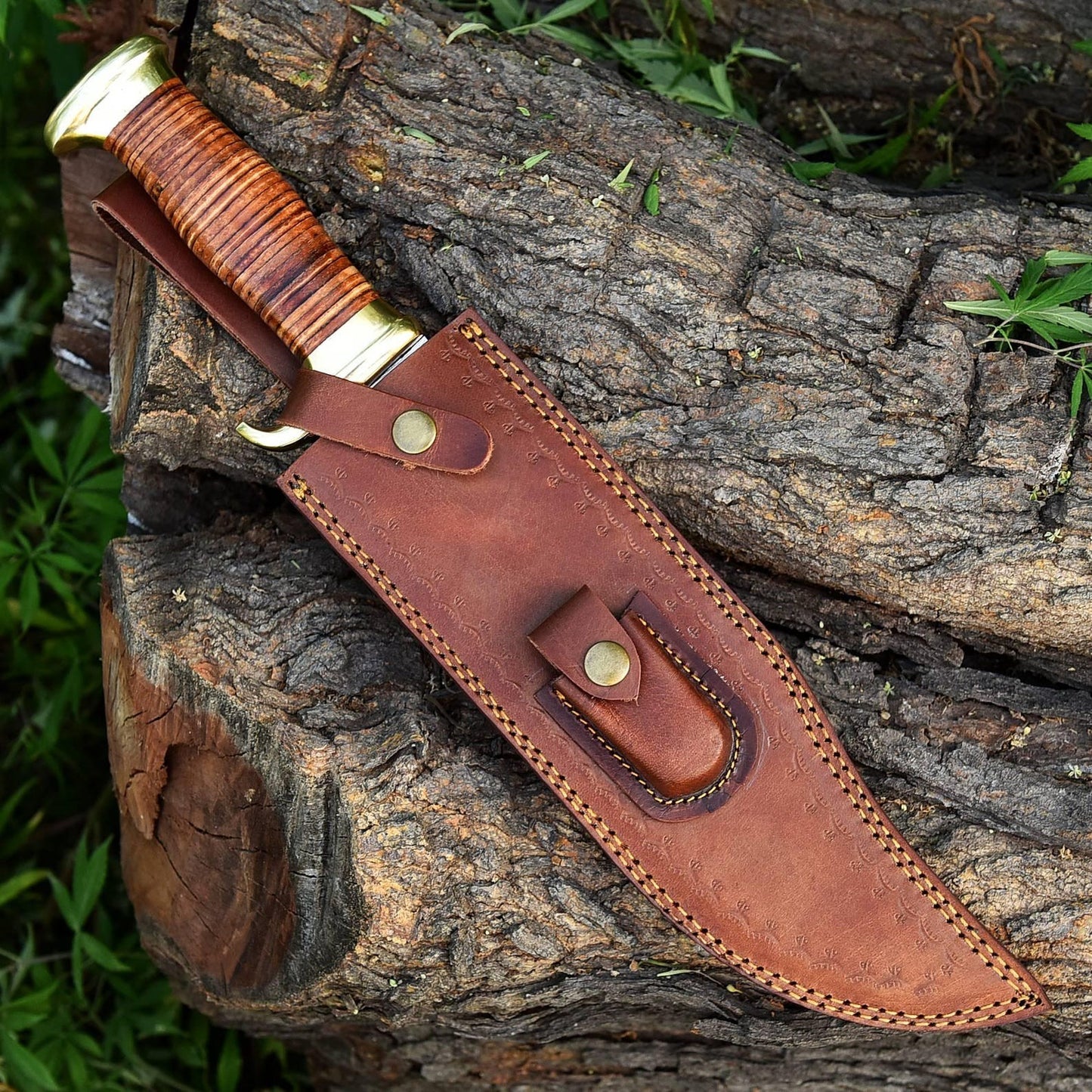 Handmade Damascus Bowie Knife Hunting Fixed Blade with Leather Sheath