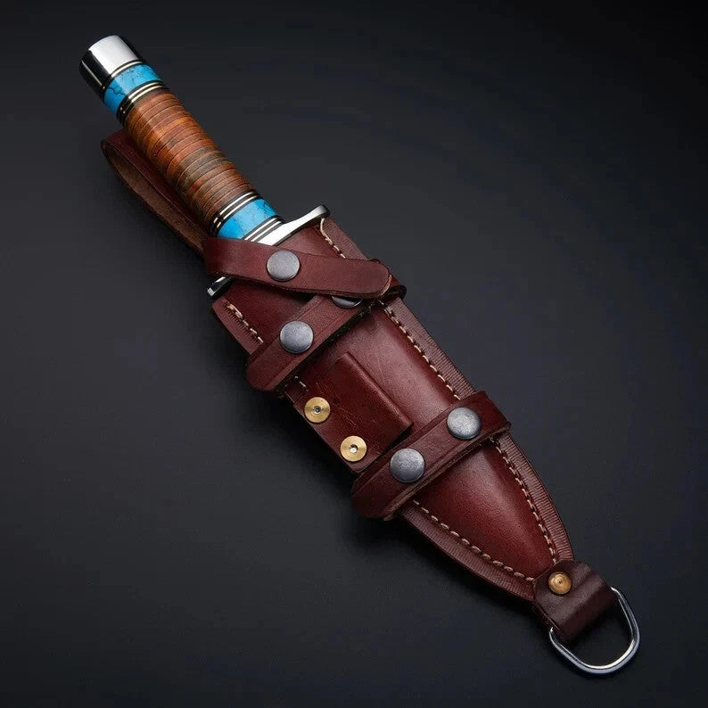 Hand Forged Damascus Steel Hunting Medieval Camping Dagger Knife Stacked Leather