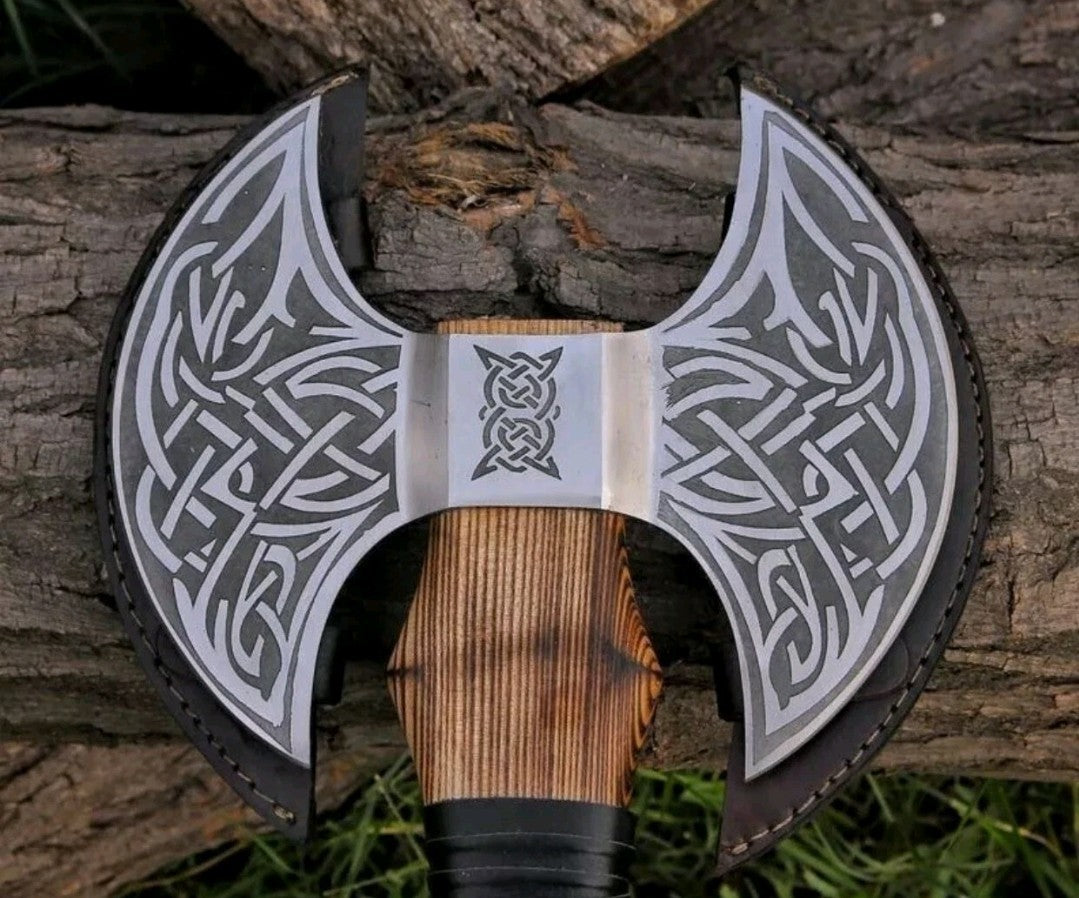 Handmade Carbon Steel Double Headed Viking Axe Battle Axe With Leather Sheath