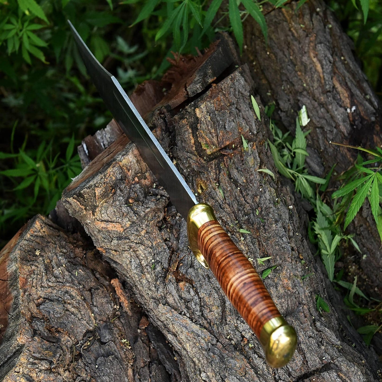Handmade Damascus Bowie Knife Hunting Fixed Blade with Leather Sheath