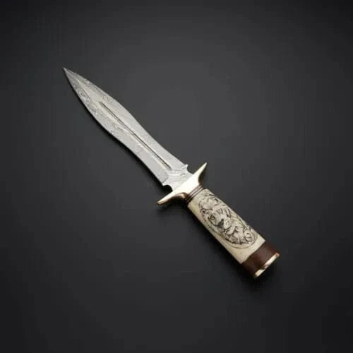 Premium Hand Forged Damascus Steel Dagger Knife with Bone Handle - Hunting Knife