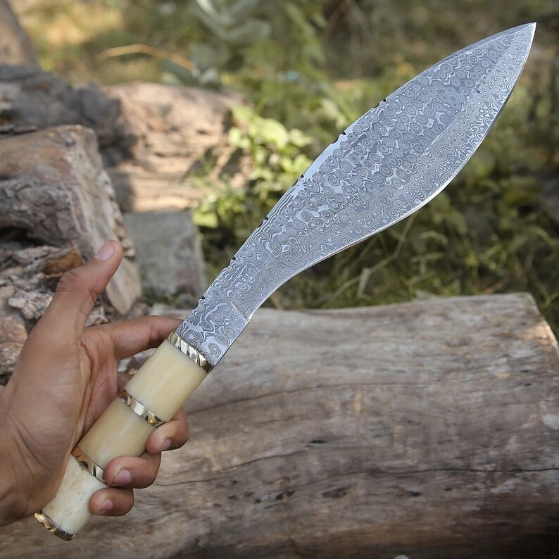 Custom Handmade Damascus Steel Blade Survival Kukri Knife| Hunting Knife Camping