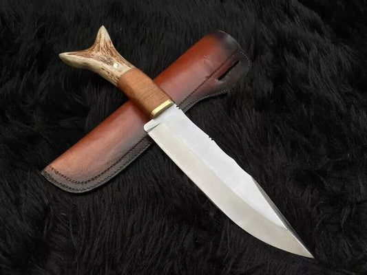 Custom Handmade D2 Steel Bowie knife,Stag Horn Hunting Knife with Leather Sheath
