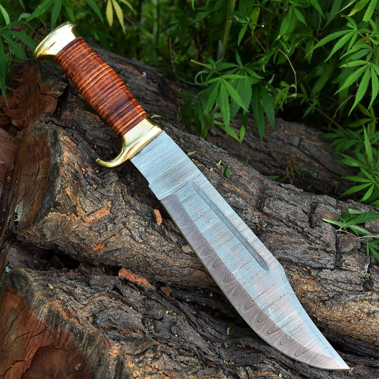 Handmade Damascus Bowie Knife Hunting Fixed Blade with Leather Sheath
